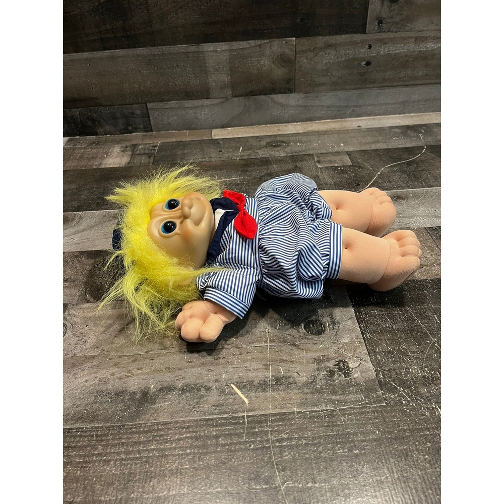 Vintage Large Plush Troll Doll Yellow Hair Sailor Outfit Blue White Striped 14in - Picture 7 of 7